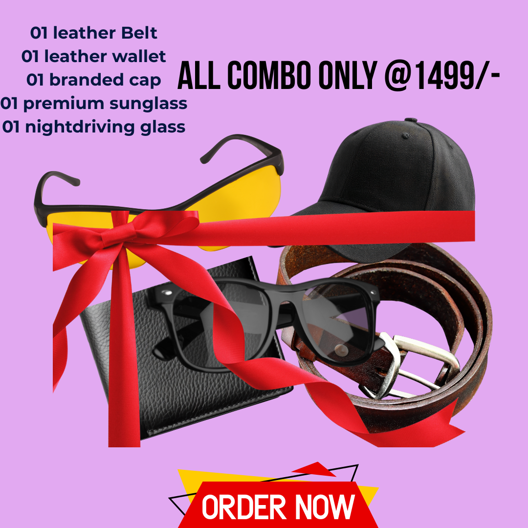 Men's Premium Style Combo - Leather Wallet, Leather Belt , Cap, Sunglasses & Night Driving Glasses